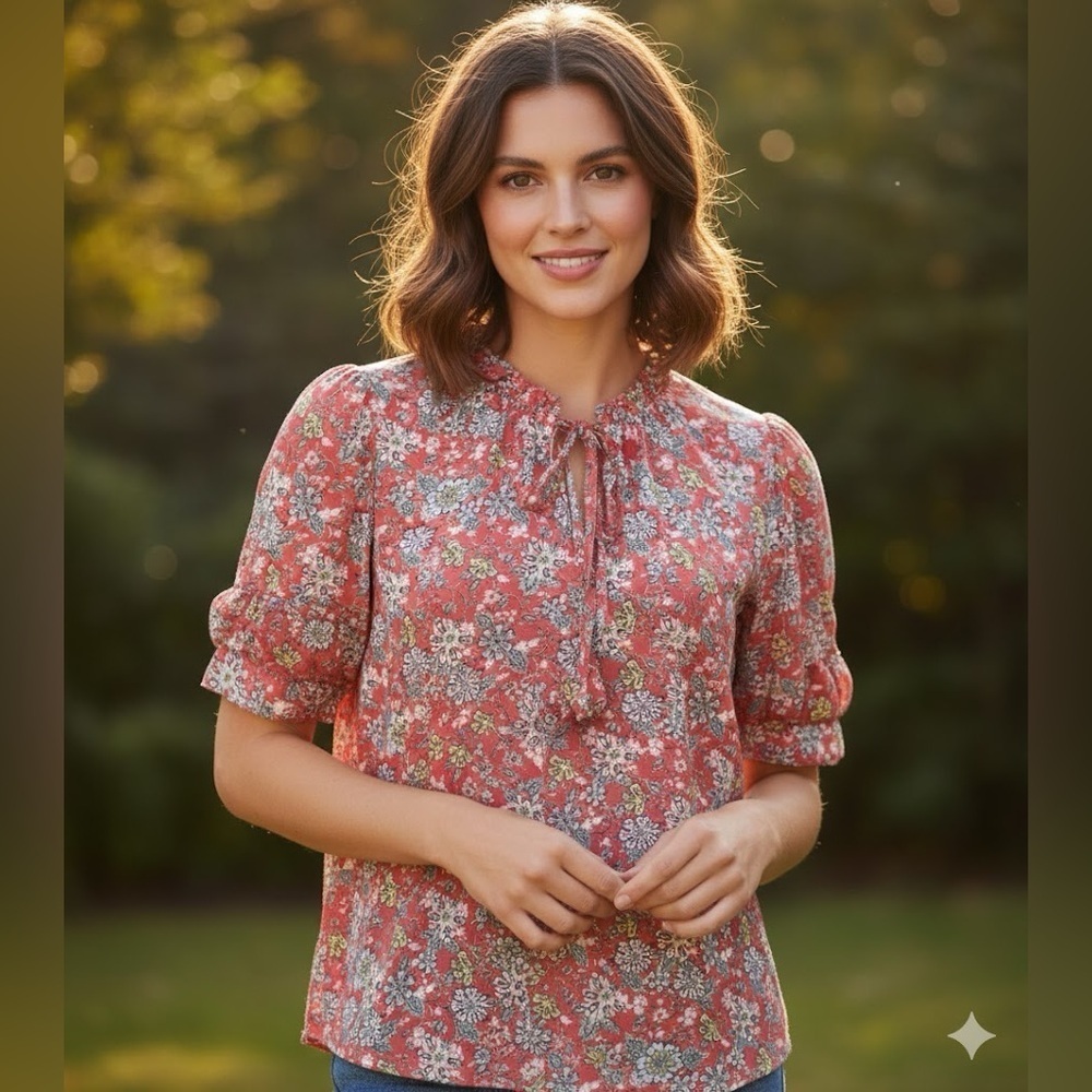 Max Studio Pink Puff Sleeve Blouse with Tie Front